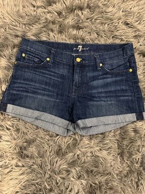 7 For All Mankind Dark Indigo Rolled Hem Denim Shorts